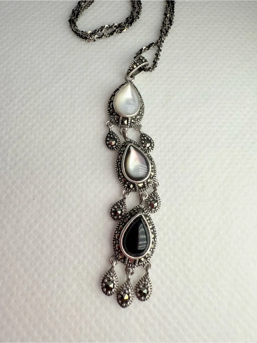 Vintage Italian Art Deco Marcasite Onyx Mother of Pearl Chandelier Drop Necklace